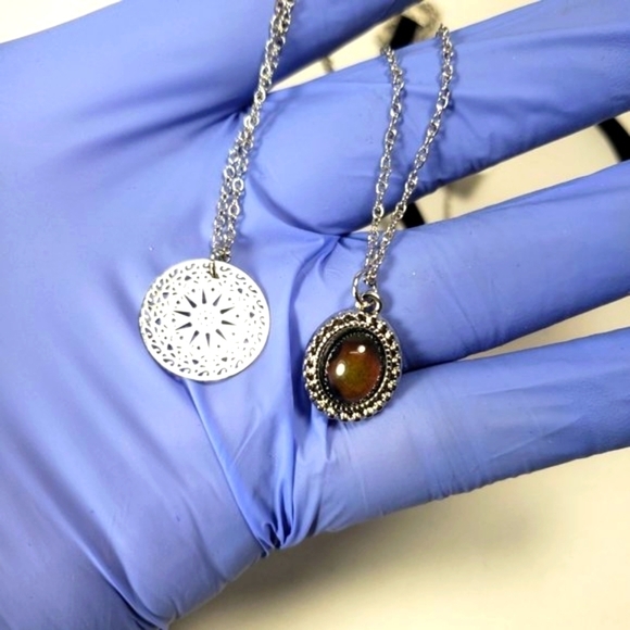 Silver-tone Set of 3 Black Velvet Choker Necklaces w/ Stone & Filigree Pendant - Picture 5 of 12